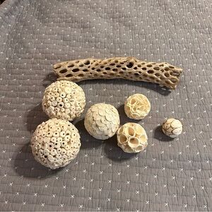 Decorative Natural Textured Spheres and Faux Drift Wood Decor - 7pc Set